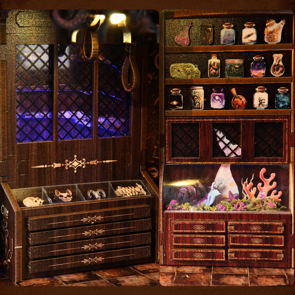 ETKVR Book Nook Kit LED lighting brightens the miniature scene.