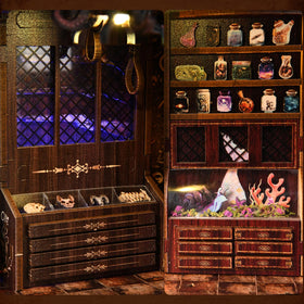 ETKVR Book Nook Kit LED lighting brightens the miniature scene.