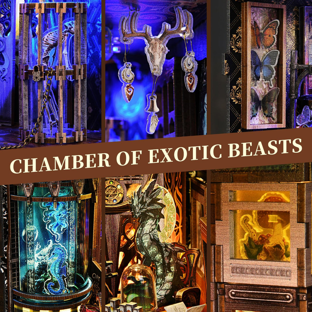 ETKVR Book Nook Kit undead skeleton figures add eerie whimsy to shelves.