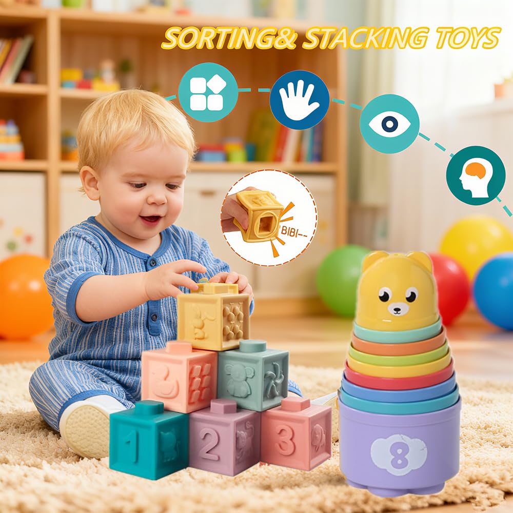Etyat stacking-building blocks support color recognition and hand-eye coordination during play.