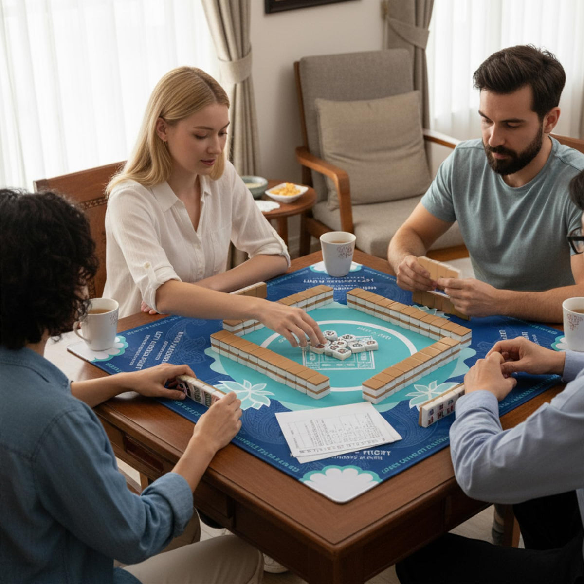 Eueiykw Mahjong mat compatible with Mahjong, Poker, and Dominoes blue.