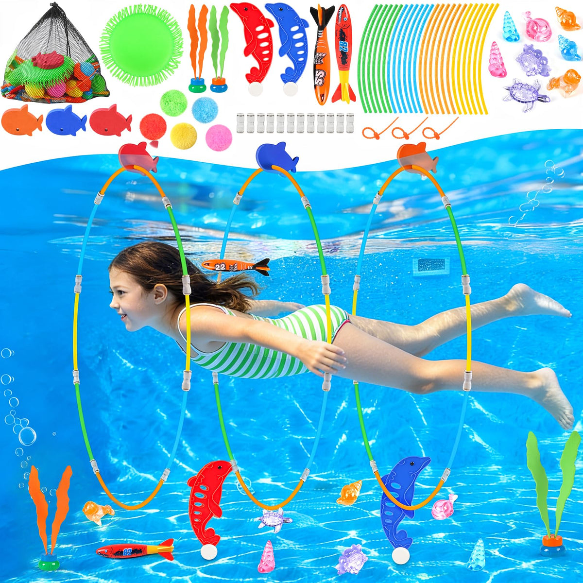 EULRGAUS pool toys 34-piece overview showing family-friendly play and color variety.
