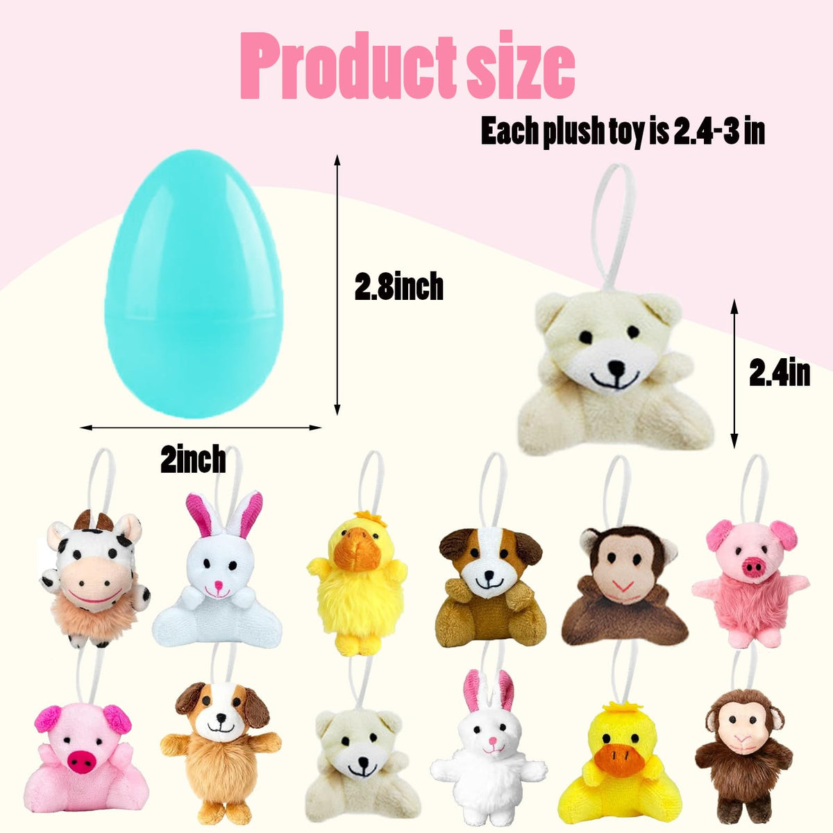 euoloar colorful Easter eggs with stuffed animals ready for egg hunts
