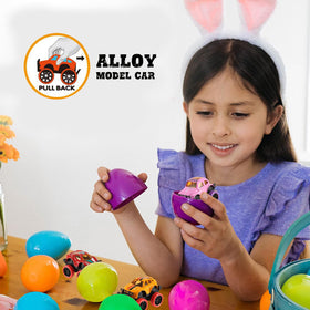 Euoloar Easter gift display with prefilled eggs and cars.