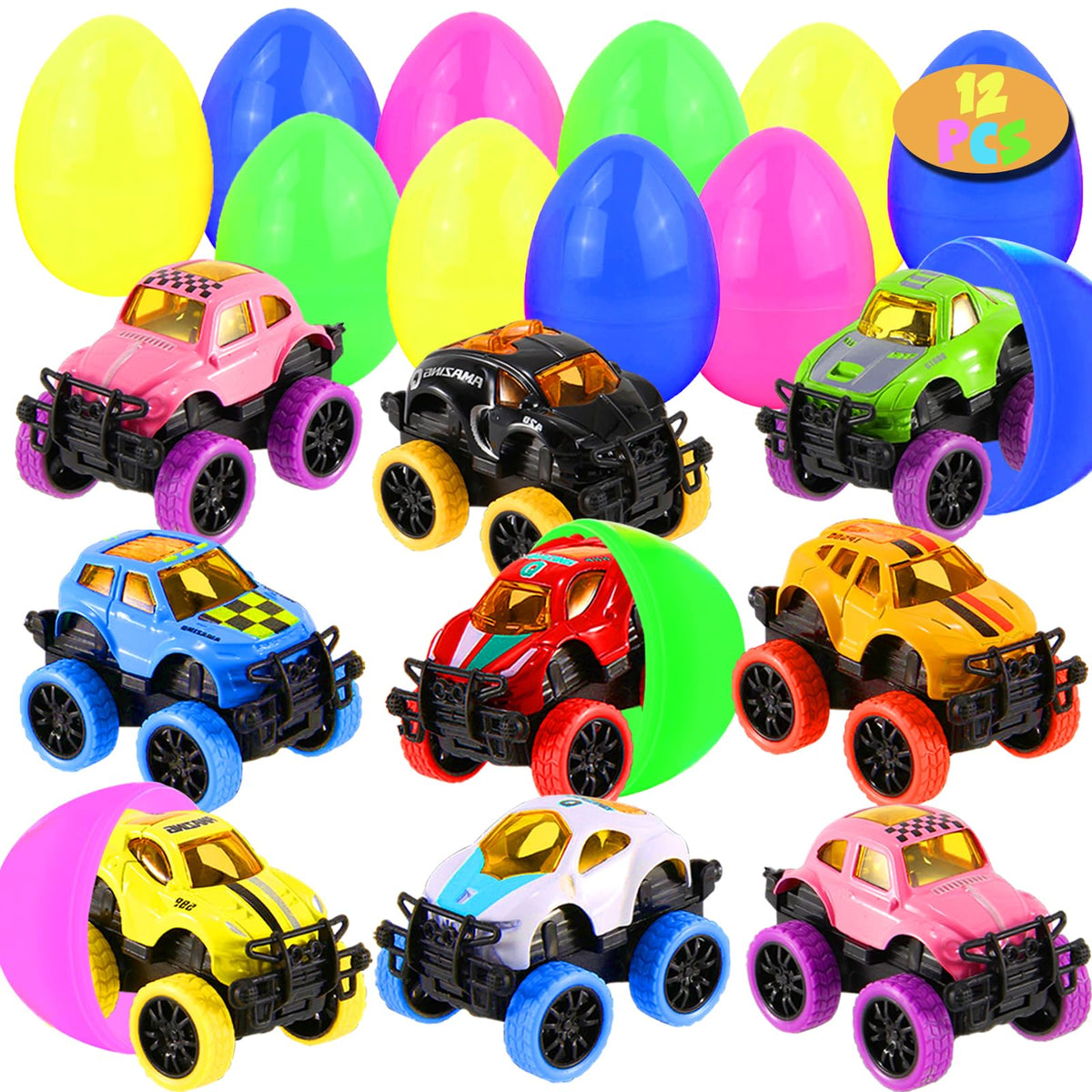 Euoloar pullback monster car inside blue egg for quick Easter surprise.