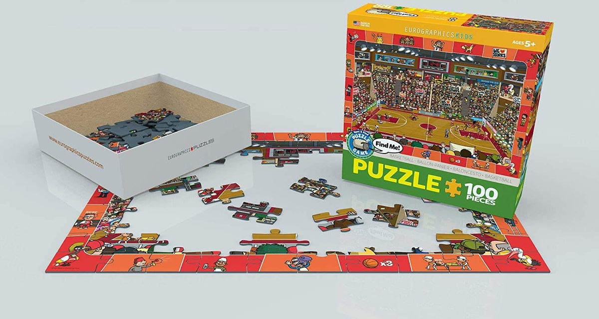 Kids playing with EuroGraphics basketball puzzle, promotes cooperative and independent play