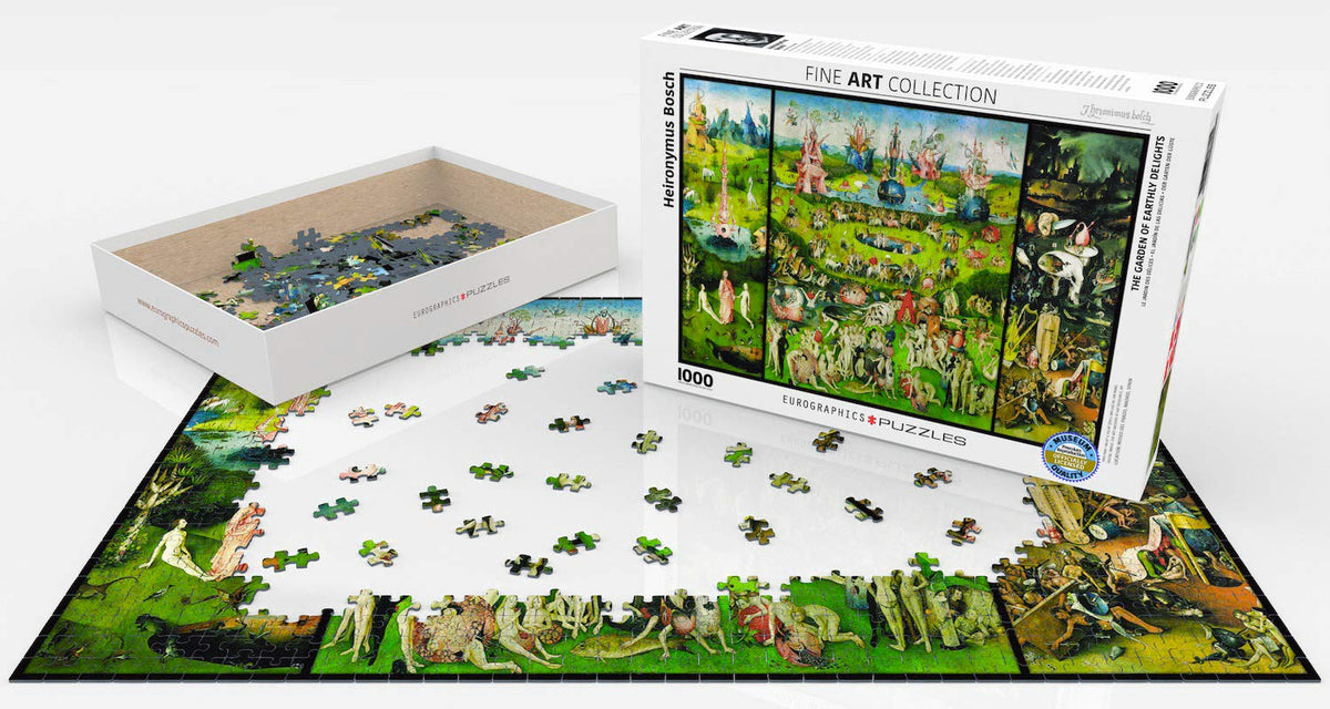 EuroGraphics Bosch Garden of Earthly Delights finished puzzle, vivid artwork to study while solving.
