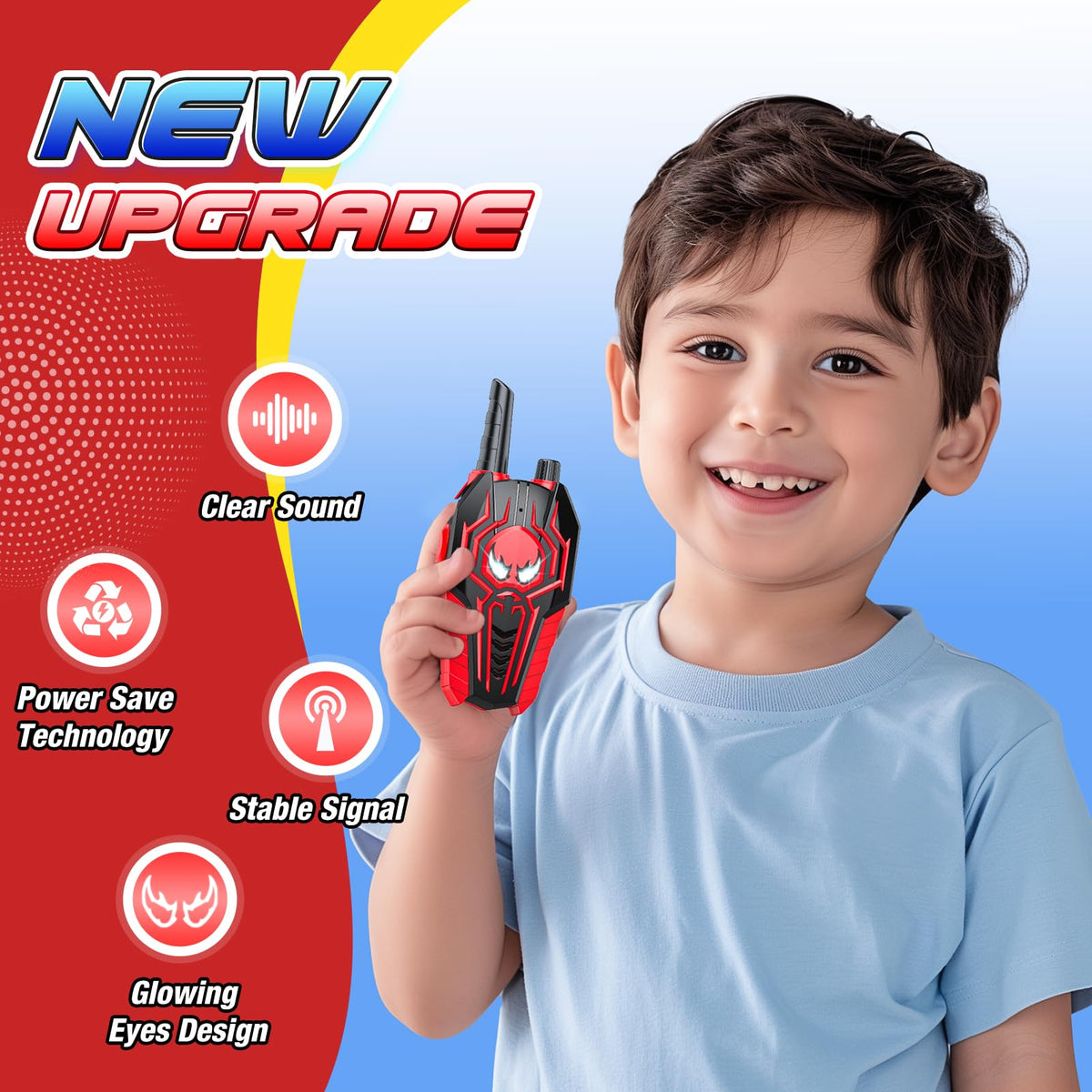 Evassal Kids Walkie Talkies held by child, lightweight and portable.