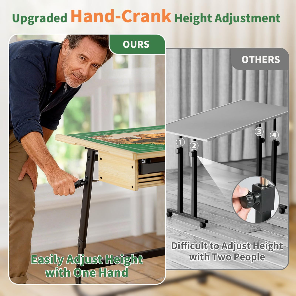 Evawoo puzzle table height adjustment enables ergonomic seating from 32 to 42 inches.