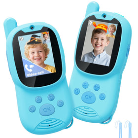 Eveedo Kids blue video walkie talkies, front view, enabling real-time play conversations.