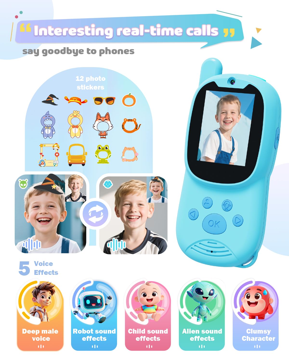 Eveedo blue screen-display highlights video chat and photo sharing capabilities.
