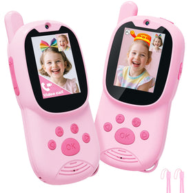 Eveedo video walkie talkies with pink screen for instant kid-friendly video calls.