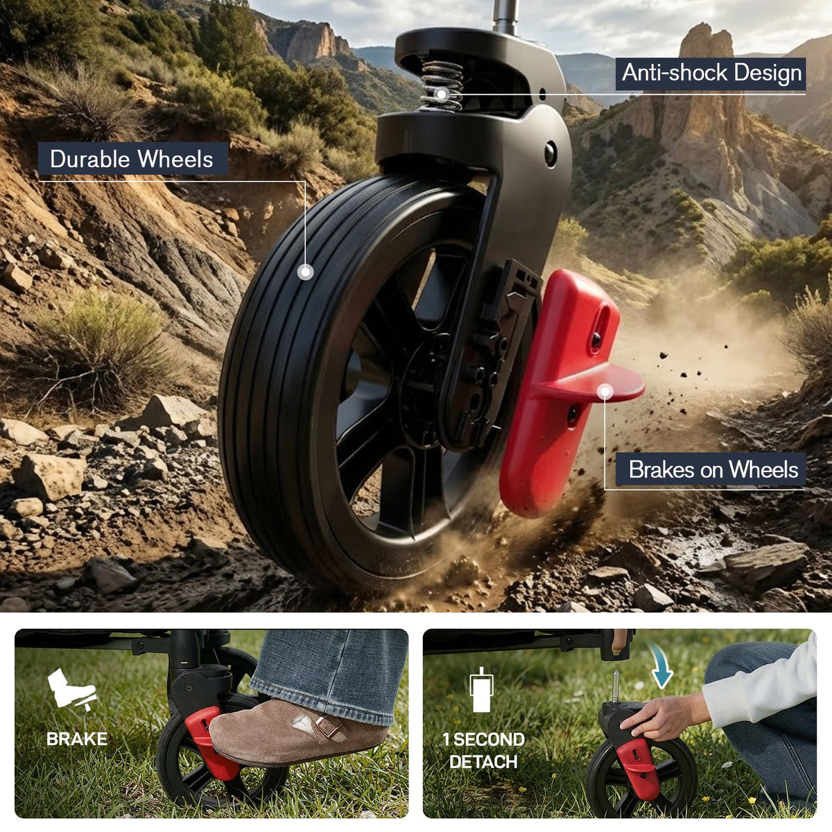 Twelve-inch anti-shock wheels provide a smooth ride on terrain