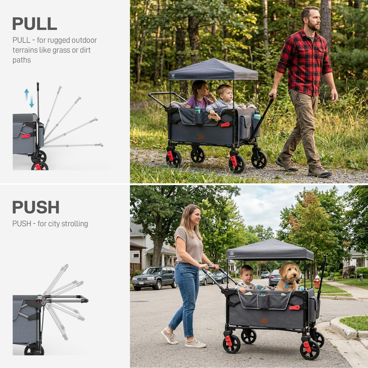 Four 8" PU wheels and 360-degree rotation on EVER ADVANCED Wagon Stroller