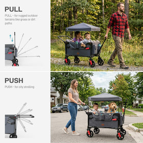 Four 8" PU wheels and 360-degree rotation on EVER ADVANCED Wagon Stroller