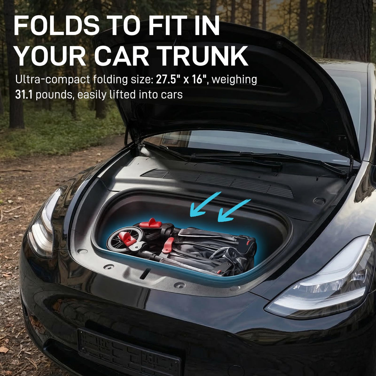 Compact folded EVER ADVANCED Wagon Stroller fits small car trunk and closet spaces