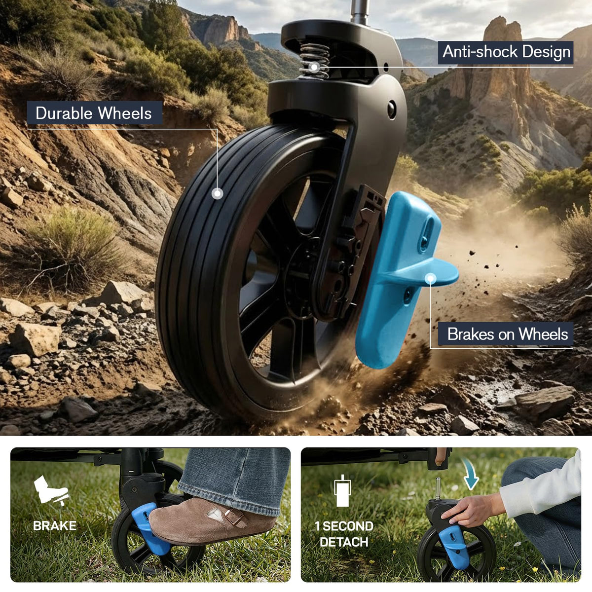 EVER ADVANCED wagon-stroller two-kids anti-shock-system blue, quiet ride on uneven ground