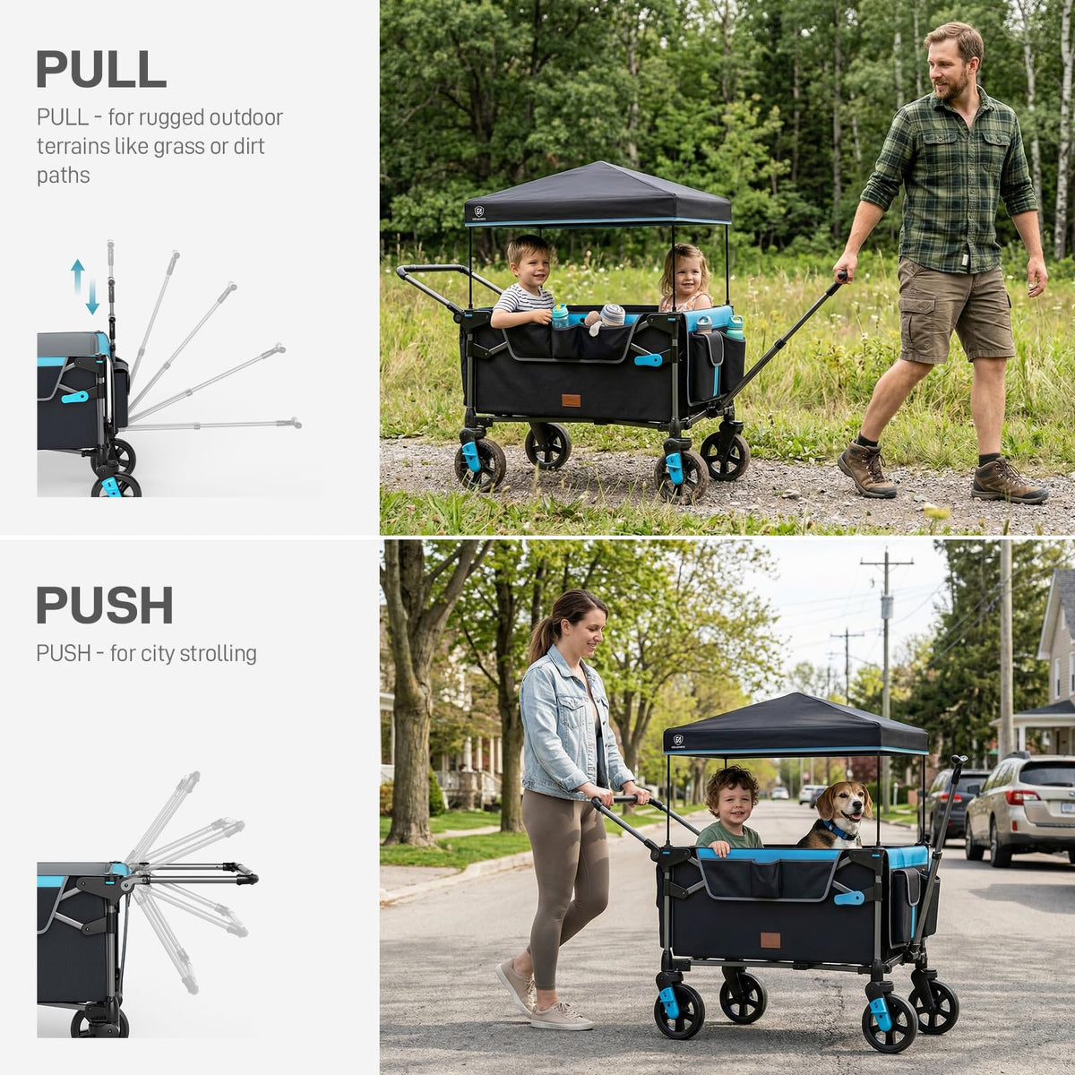 EVER ADVANCED wagon-stroller two-kids detachable-uv-canopy blue, sun protection for toddlers