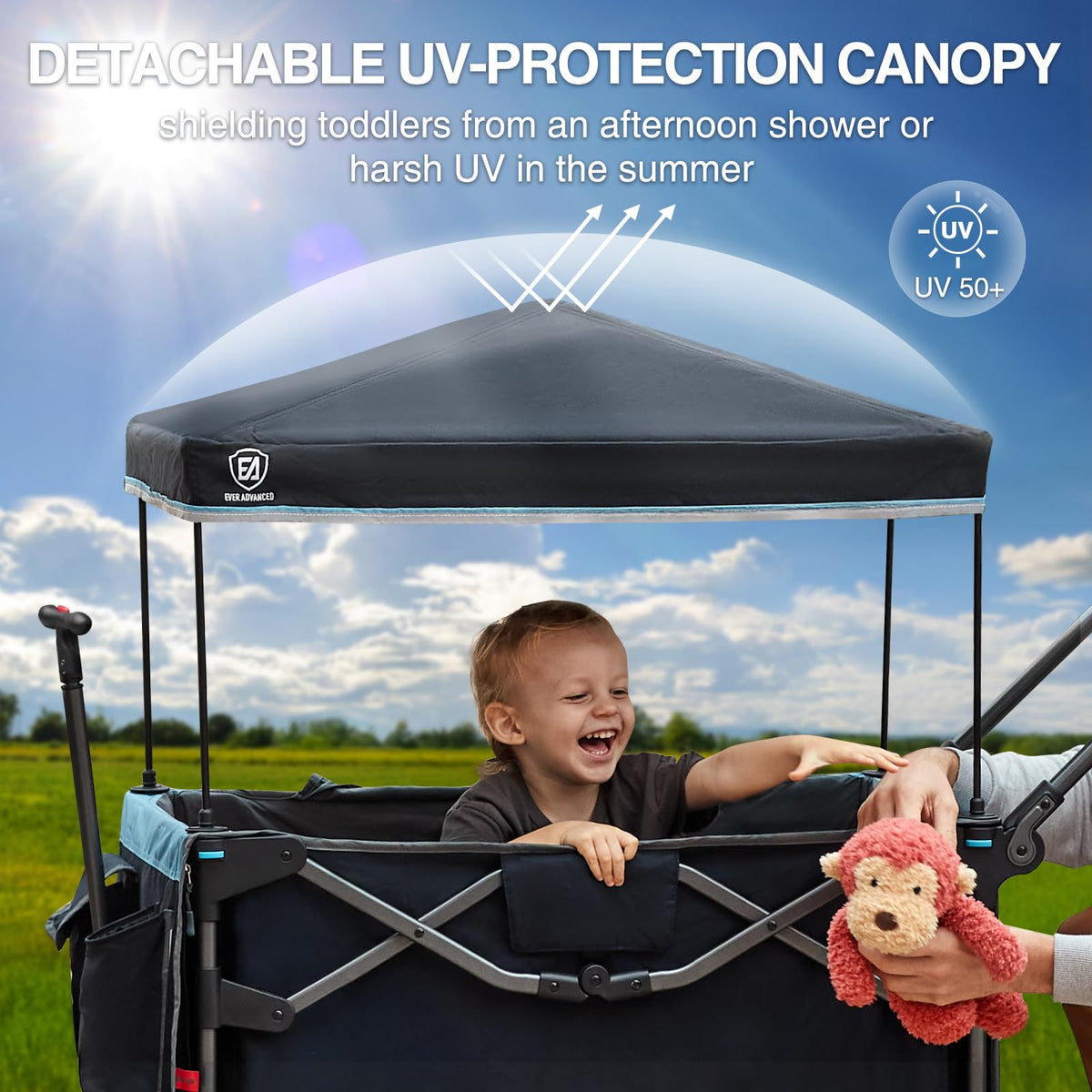 EVER ADVANCED wagon-stroller two-kids front-back-side-pockets blue, quick access to snacks and toys