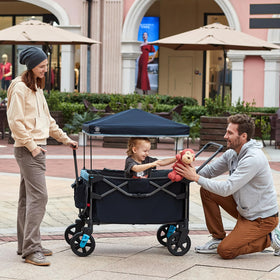 EVER ADVANCED wagon-stroller two-kids independent-foot-brakes blue, secure stopping on slopes