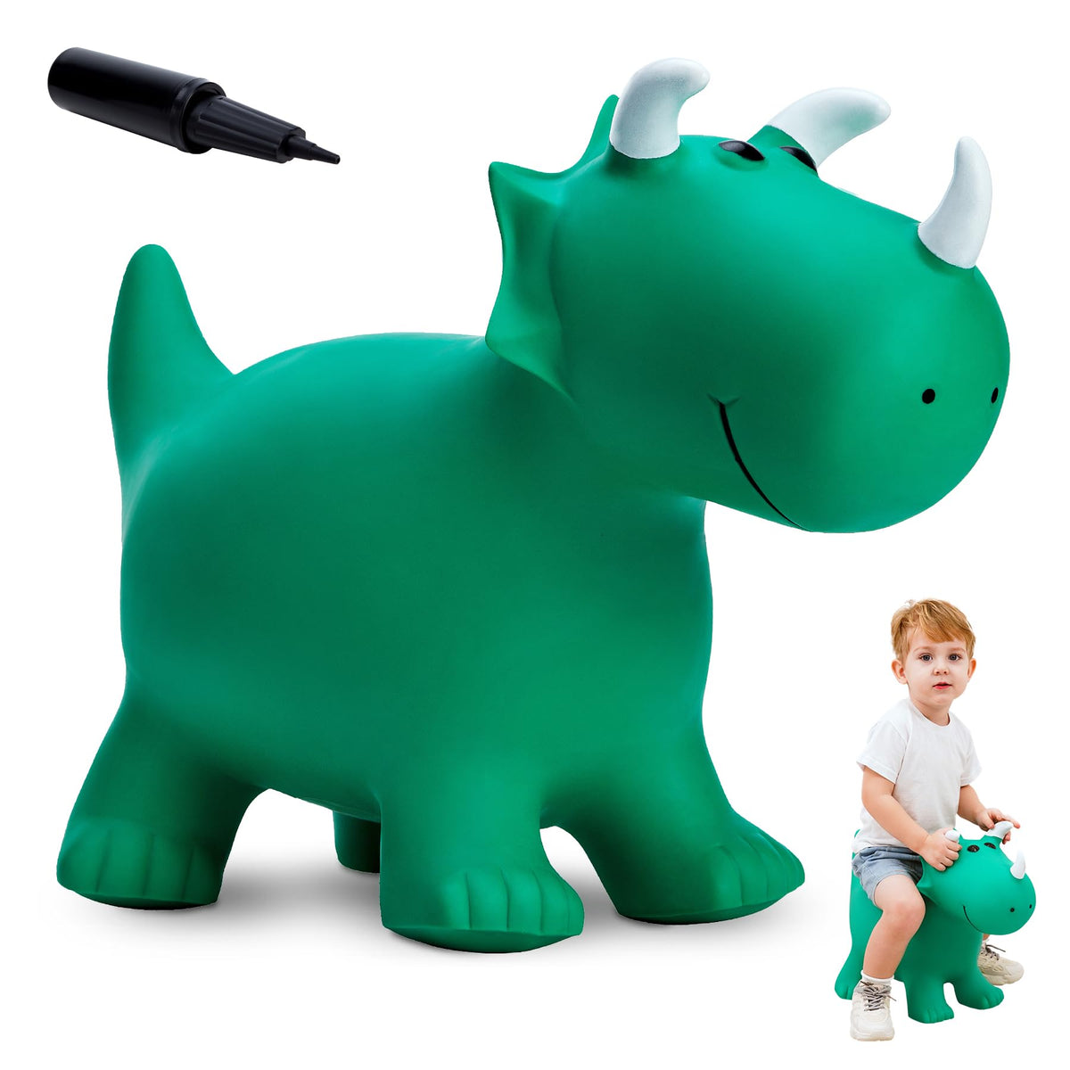 EVERICH TOY blue dinosaur bouncer front view for energetic play and imaginative fun.