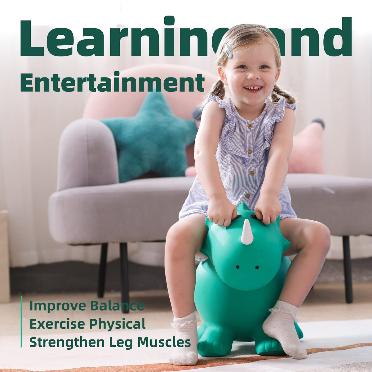 EVERICH TOY child riding triceratops promotes balance and motor skills during active play.