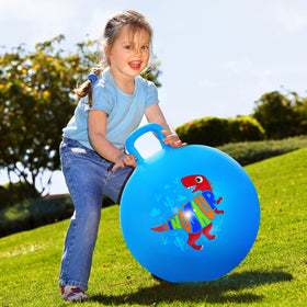 Child playing outdoors with the Everich Toy hopper ball in dinosaur blue.