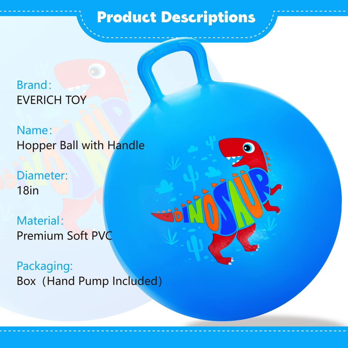 Everich Toy hopper ball dinosaur blue side view showing safe textured bottom.