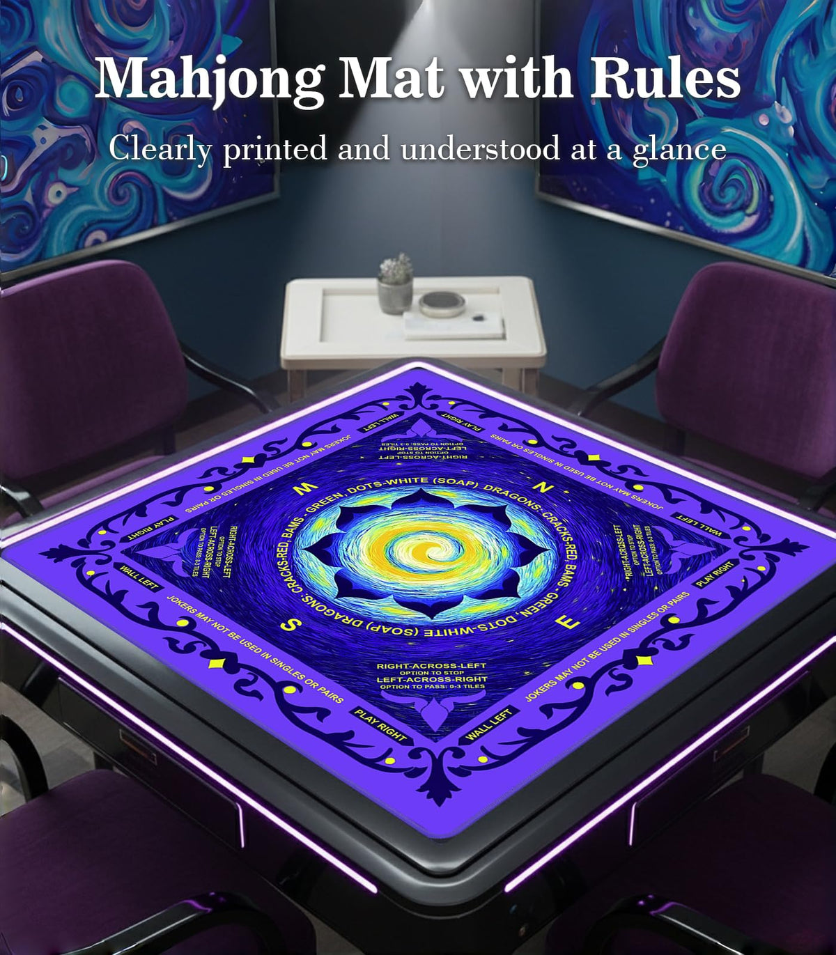 EVERSHOW Mahjong Mat with rules printed for quick reference during games.