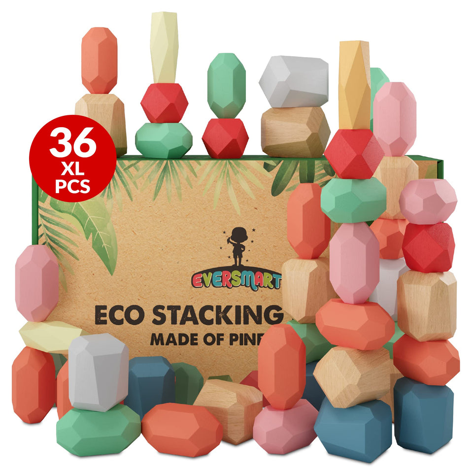 EVERSMART 36-piece wooden stacking blocks hero shows safe, early learning play