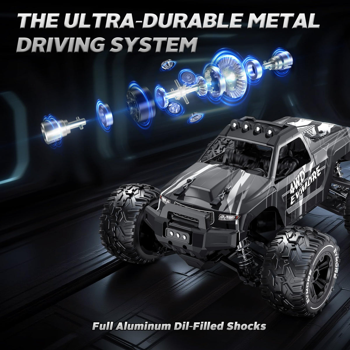 Evmore 1/16 brushless RC car battery info reveals dual 2S LiPo packs for longer sessions.