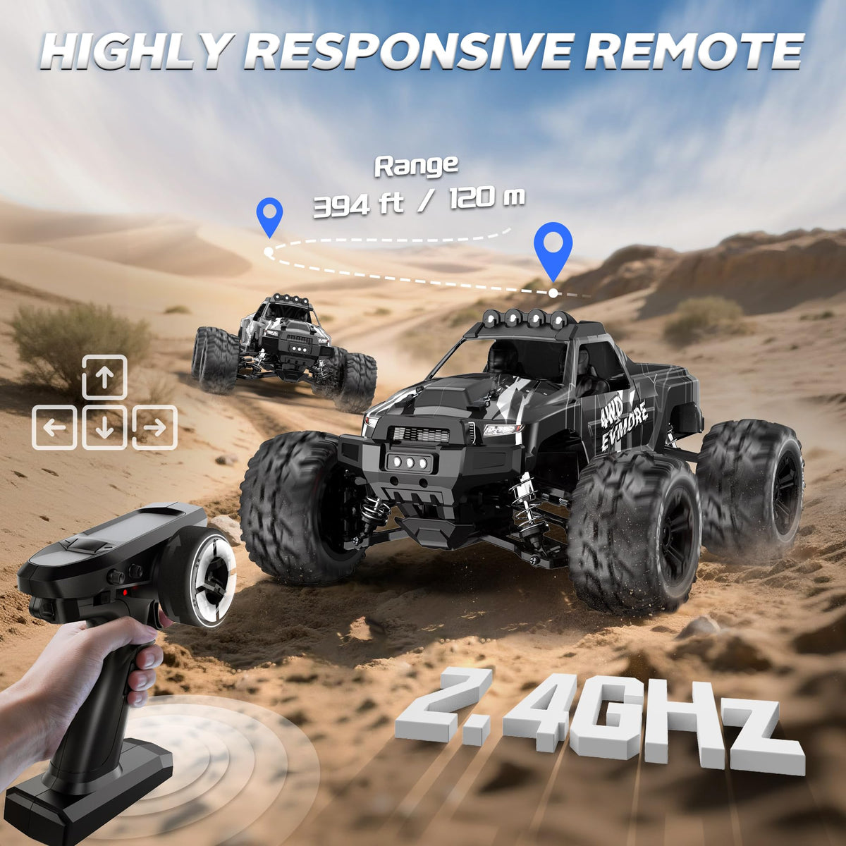 Evmore 1/16 brushless RC car chassis 4WD highlights improved traction on mixed surfaces.