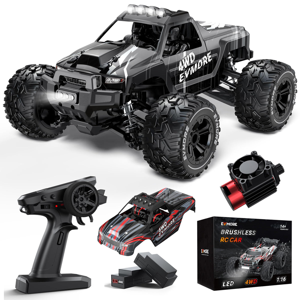 Evmore 1/16 brushless RC car front view showing sturdy build and fast acceleration potential.