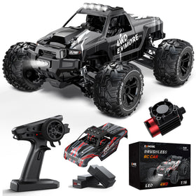 Evmore 1/16 brushless RC car front view showing sturdy build and fast acceleration potential.