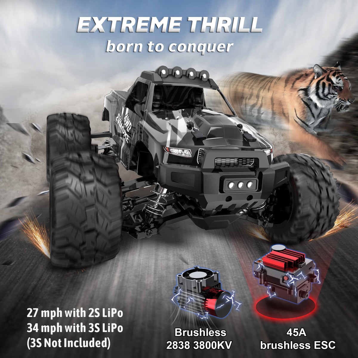 Evmore 1/16 brushless RC car side view highlighting durable chassis for rugged off-road fun.