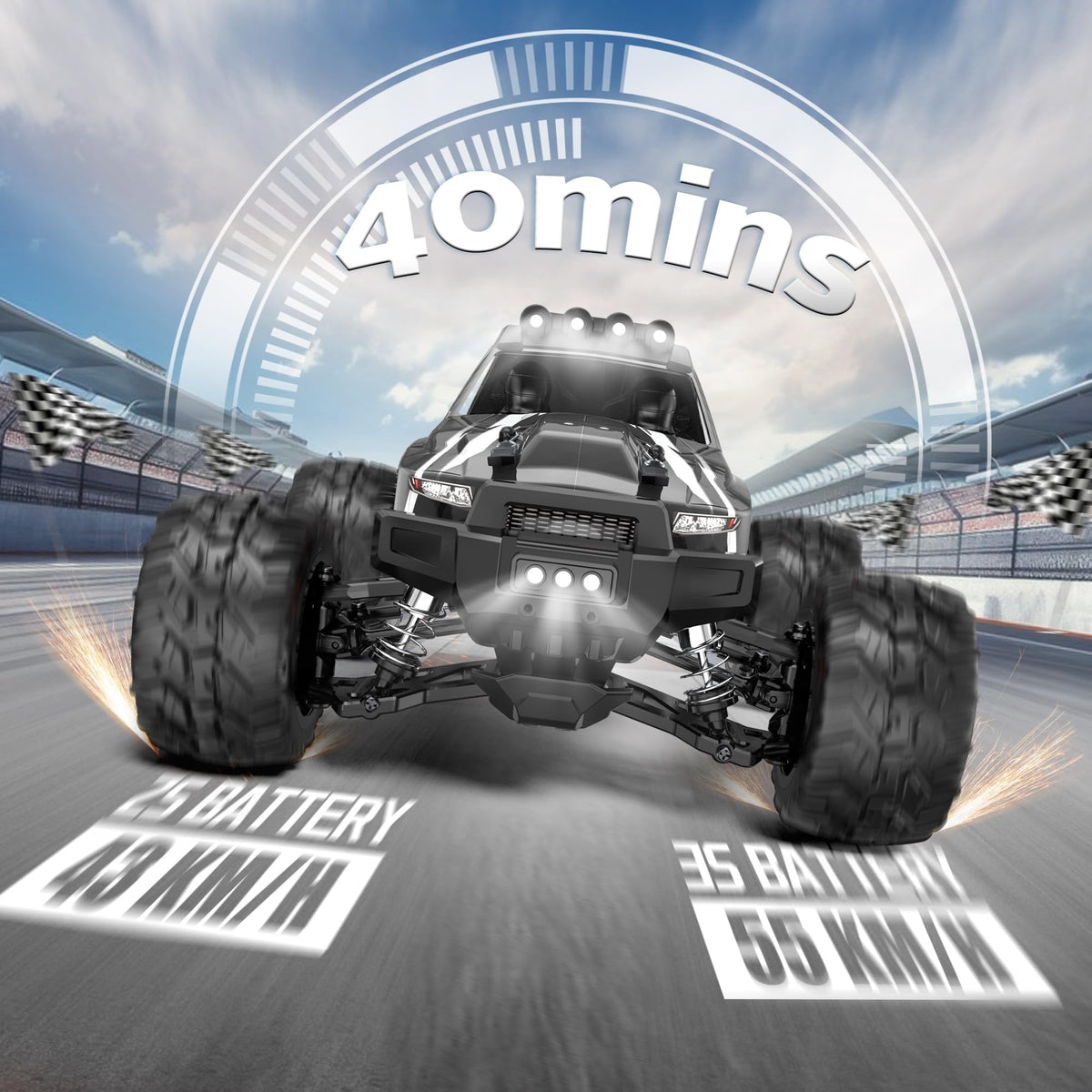 Evmore 1/16 brushless RC car top view emphasizing sleek design and low-center gravity.