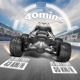 Evmore 1/16 brushless RC car top view emphasizing sleek design and low-center gravity.