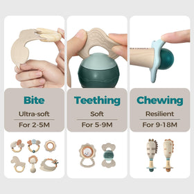 Evoceler wood-texture handle teether with ergonomic grip for tiny hands.