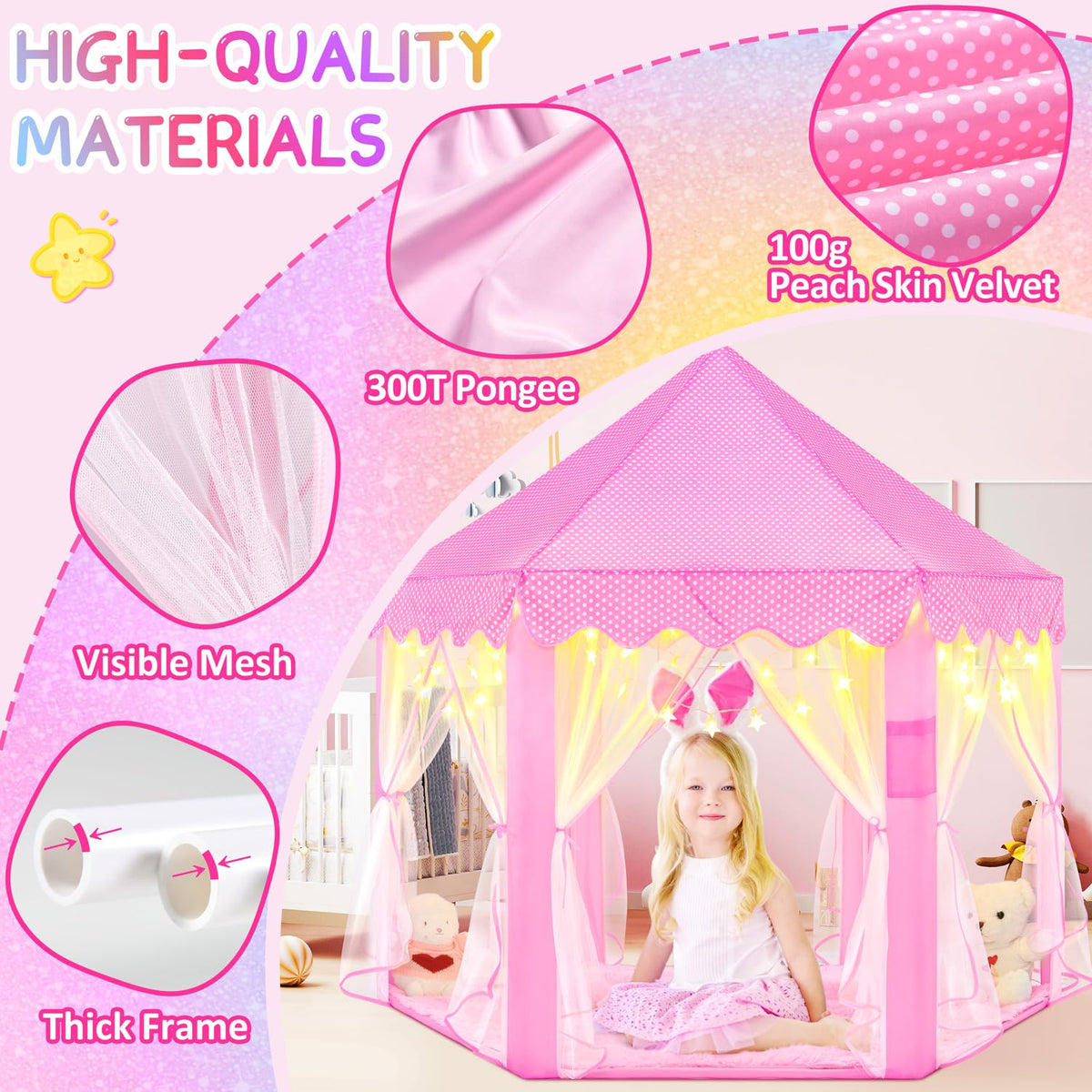 EVOIONOS Princess Tent interior showing soft peach skin velvet texture.