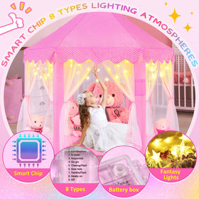 EVOIONOS Princess Tent LED star lights glow softly at night.