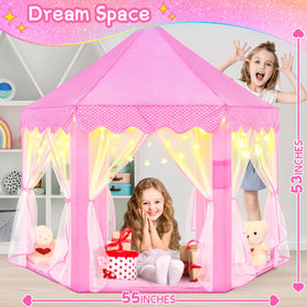 EVOIONOS Princess Tent set up outdoors on patio for playtime.