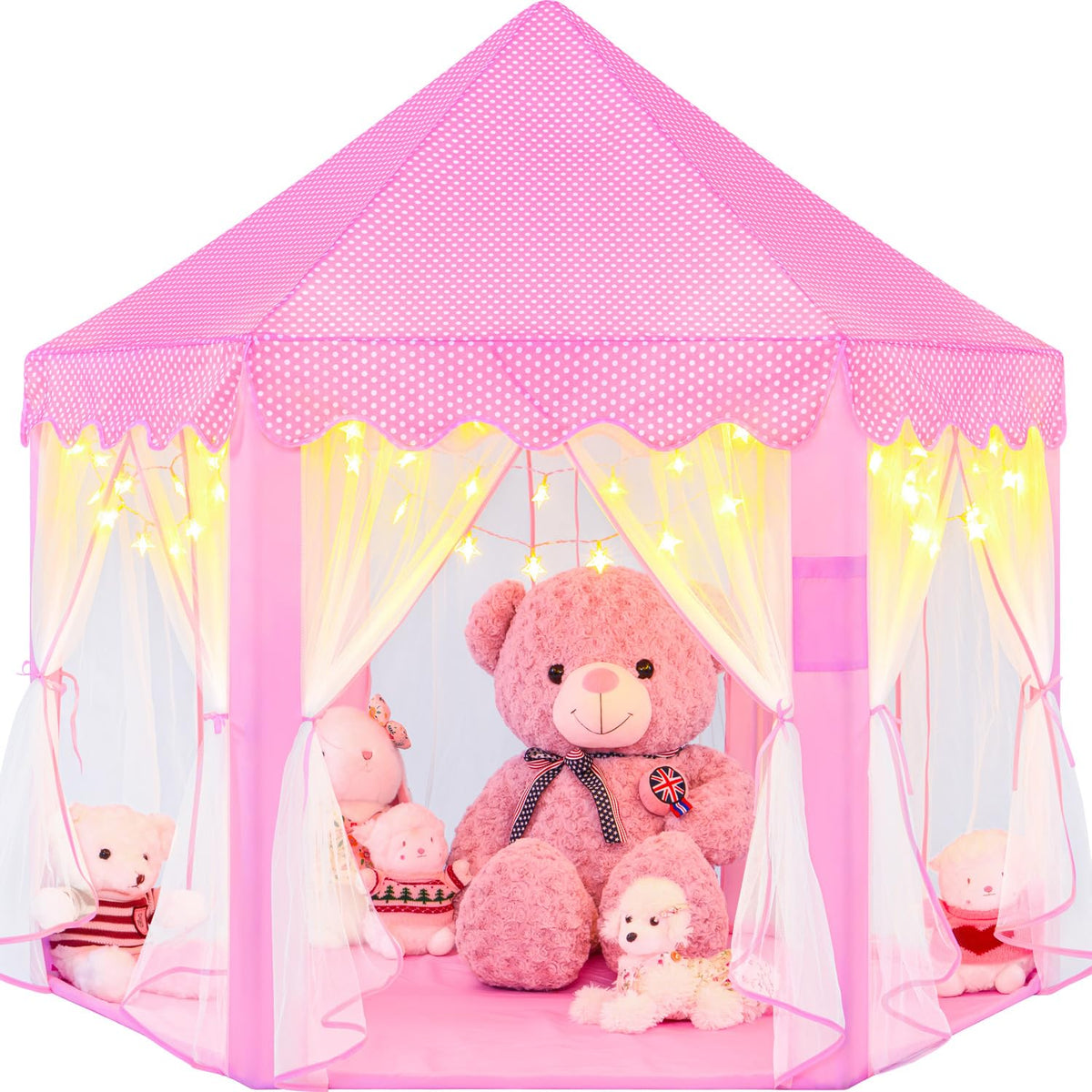 EVOIONOS Princess Tent in pink with star lights for cozy indoor play.