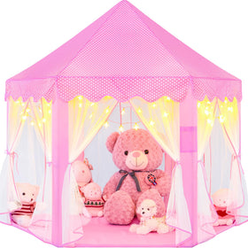 EVOIONOS Princess Tent in pink with star lights for cozy indoor play.