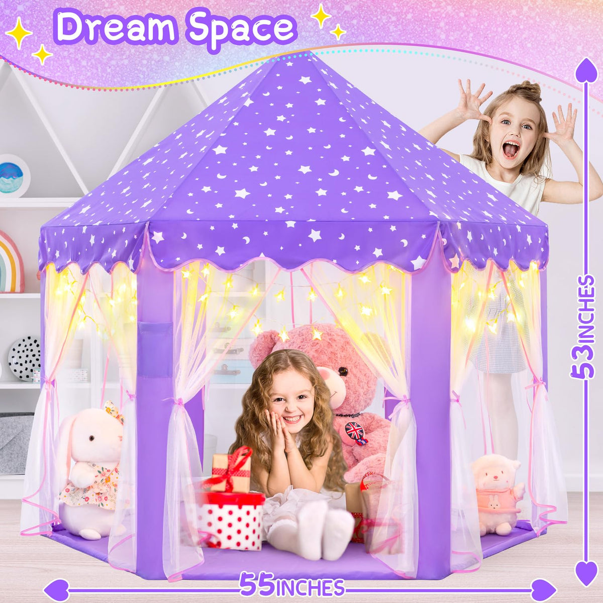 EVOIONOS purple tent for girls fits playrooms or bedrooms for cozy princess adventures.