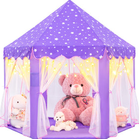 EVOIONOS purple tent for girls exterior showcases a princess castle setup for indoor fun.