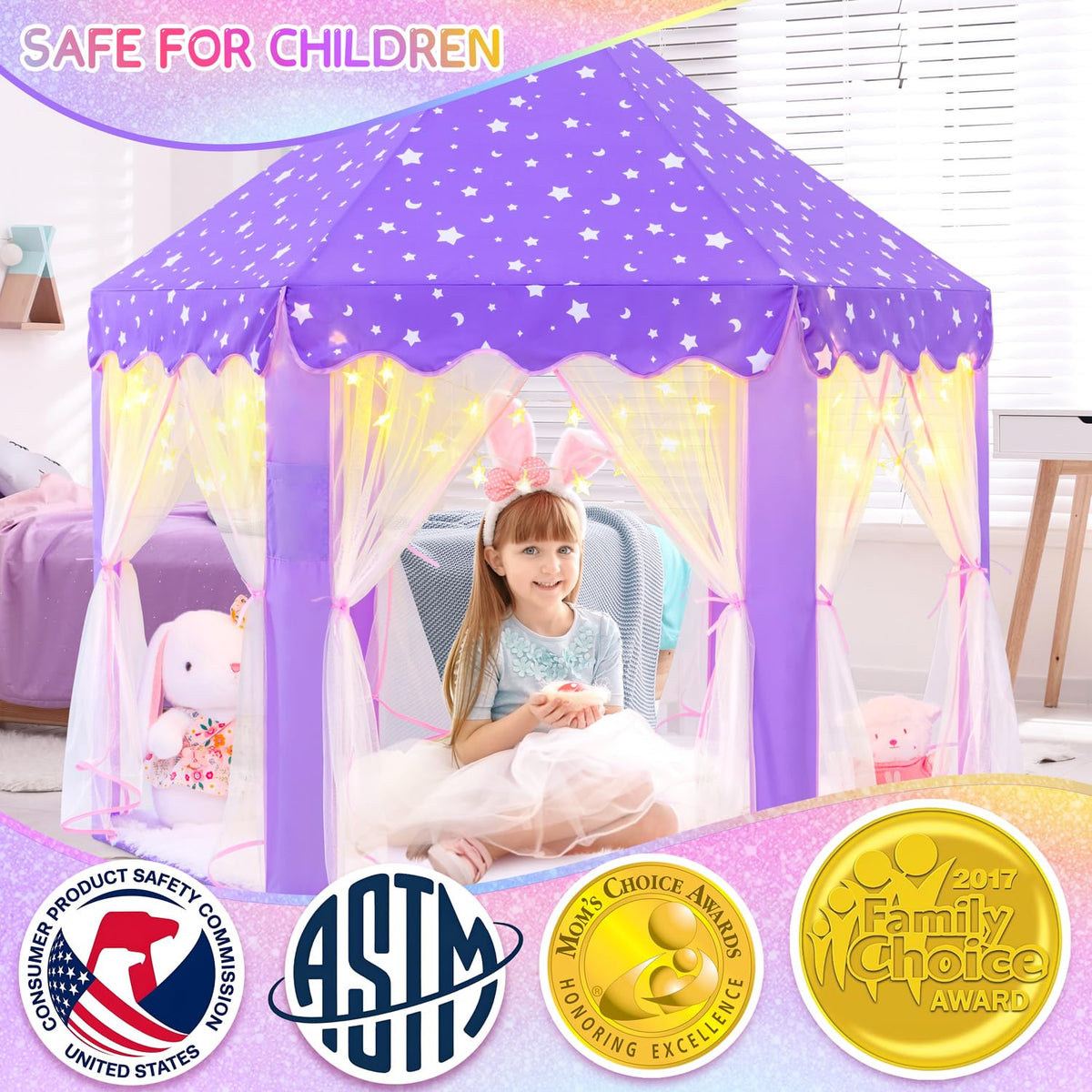 EVOIONOS purple tent star lights inside create a magical glow for playtime.