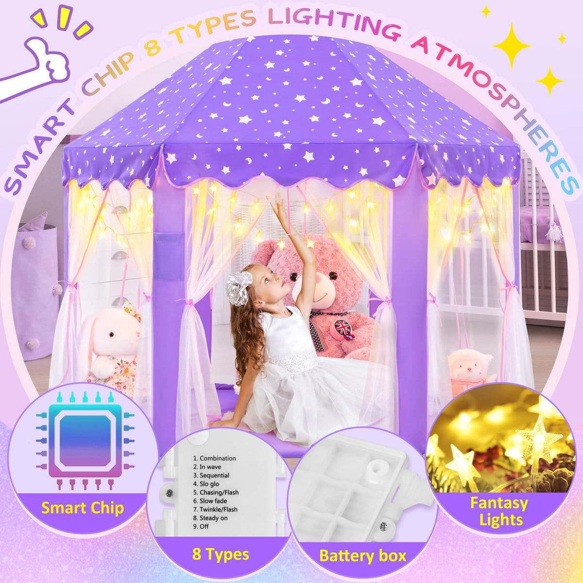 EVOIONOS purple tent ventilated arch design promotes airflow during imaginative play.
