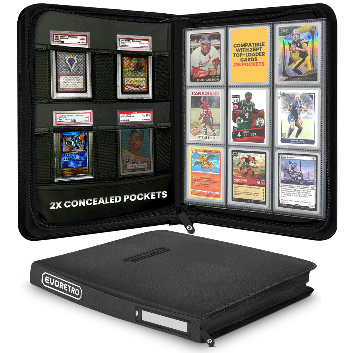 EVORETRO Toploader Binder with 216-slot capacity for organized trading cards.