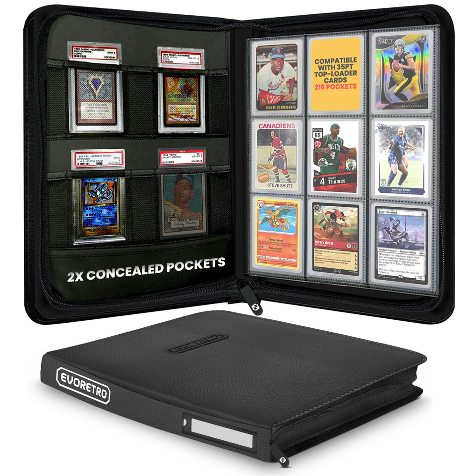 EVORETRO Toploader Binder with 216-slot capacity for organized trading cards.