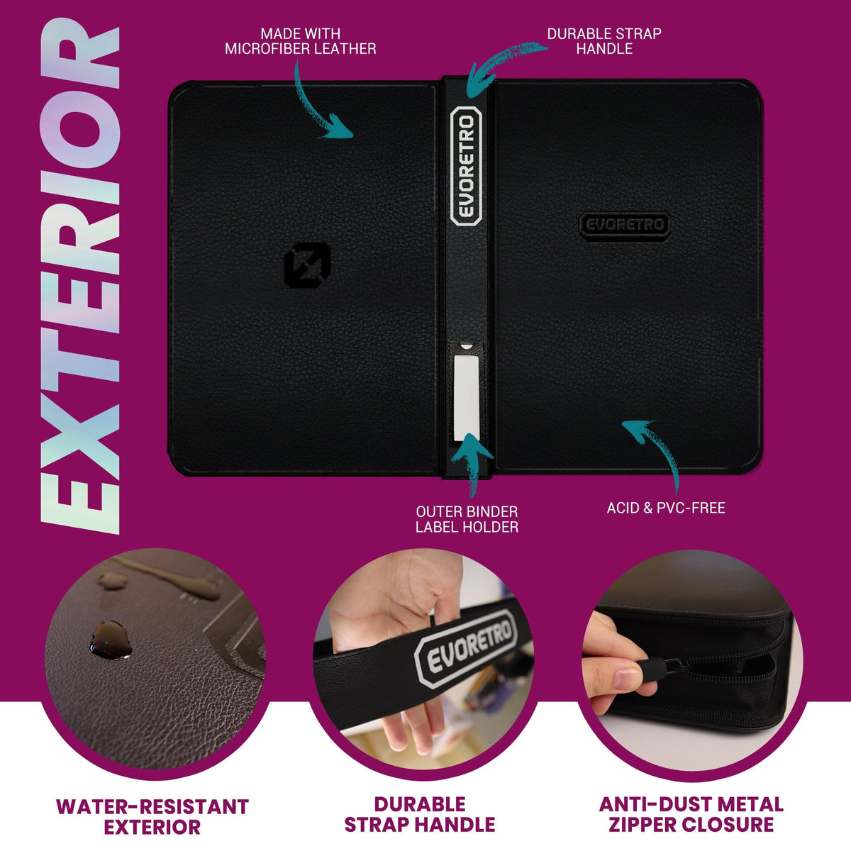 EVORETRO Toploader Binder shows double-sided 9-pocket pages for easy viewing.